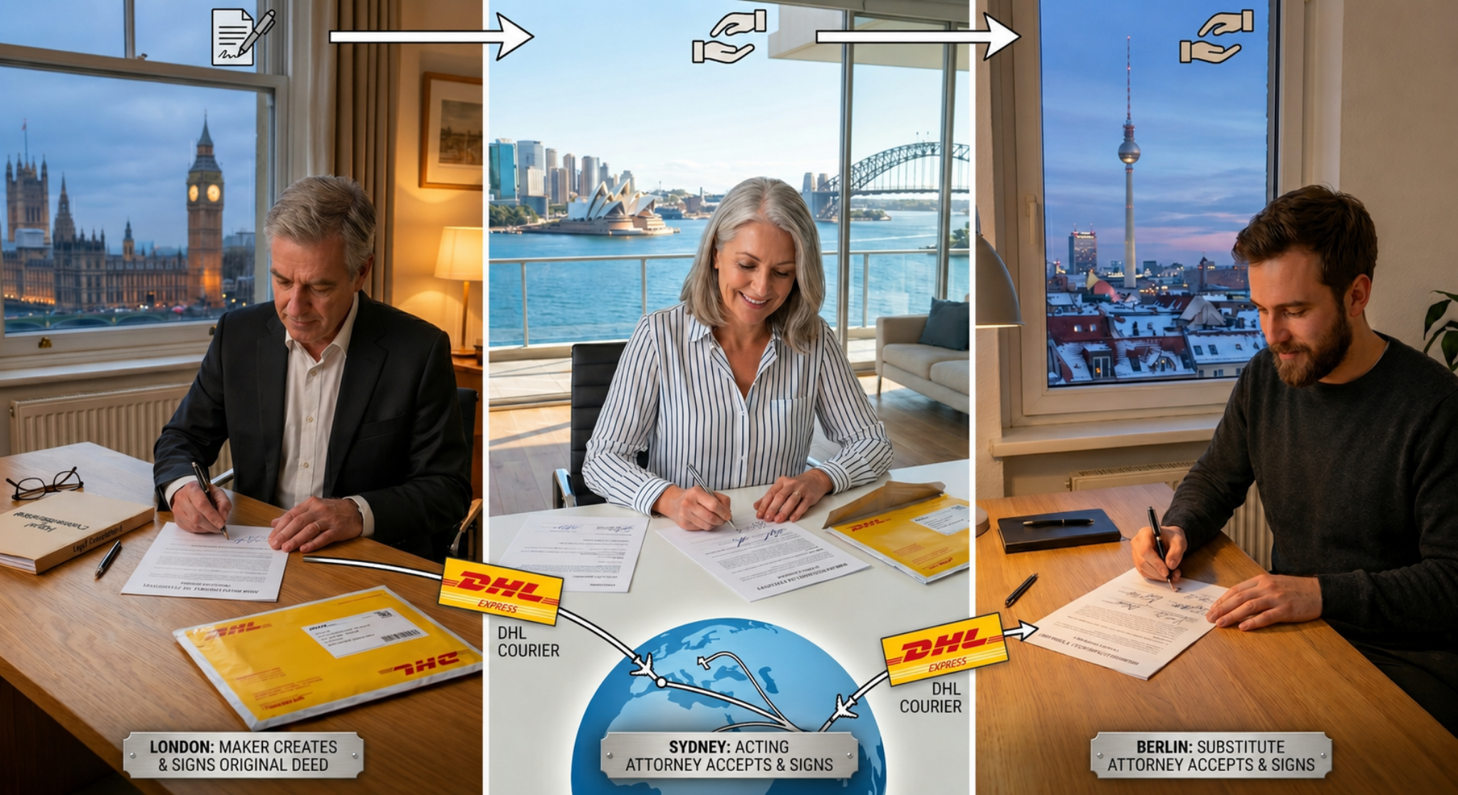 The husband signs his POA in London and couriers it to his wife in Sydney. Years later, they need to deal with the Land Titles Office. To avoid any lodgement delays, they get their son in Germany to sign his acceptance as the backup attorney.
